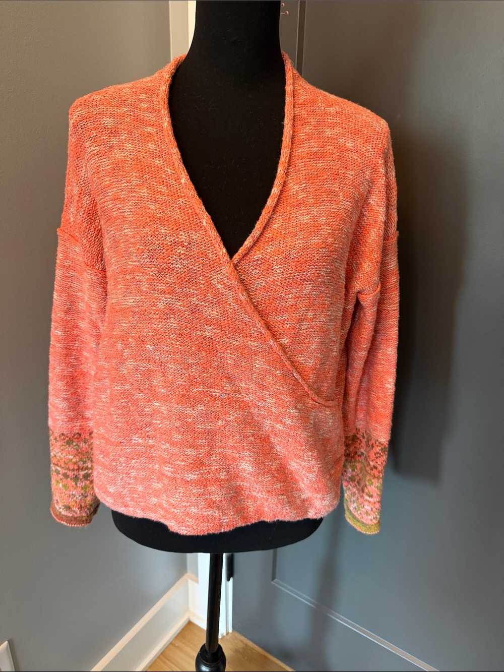 Anthropologie Pilcro Coral Wrap V-Neck Sweater with Multicolor Cuffs